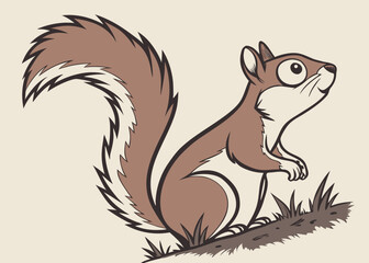 Cute cartoon squirrel sitting on the ground looking up