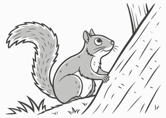 Cute cartoon squirrel climbing a tree trunk with a fluffy tail