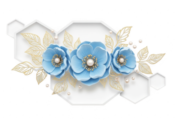 Delicate blue flowers with golden leaves and pearls isolated on transparent background