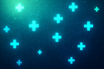 a bright blue background features a scattered pattern of glowing turquoise plus signs and abstract geometric shapes, symbolizing health and science