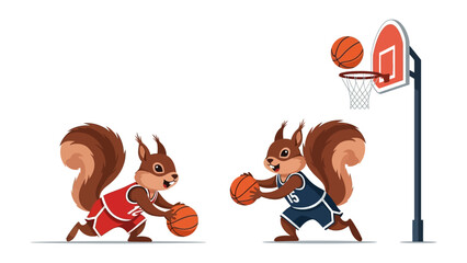 Squirrels' Basketball Duel: Two athletic squirrels compete in a basketball game, displaying skill and friendly rivalry in a vibrant and energetic illustration.