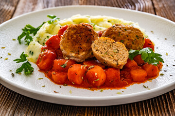 Fried pork meatballs and carrots in tomato sauce with mashed potatoes on wooden table