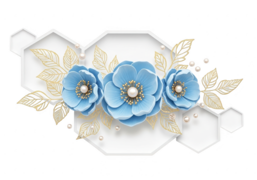 Delicate blue flowers with golden leaves and pearls isolated on transparent background
