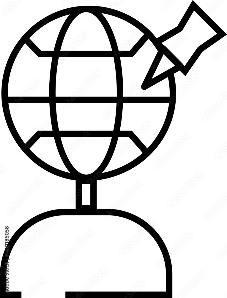 Poster globe location pointer icon in black line art.