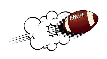 American Football or Rugby ball flies through the cloud. Vector in comic style on transparent background