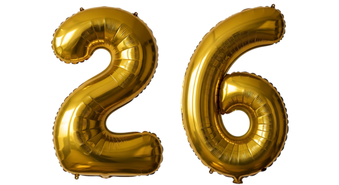 Shiny golden number 26 balloons isolated on transparent background for celebrations