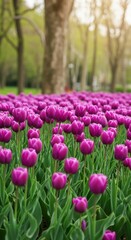 Fototapeta premium Serene scene of a vibrant purple tulip field, nature's floral abundance