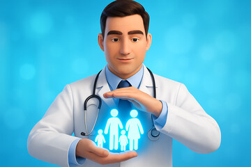 a 3d animated male doctor in a white coat holding a glowing blue family icon in his cupped hands representing family health and protection