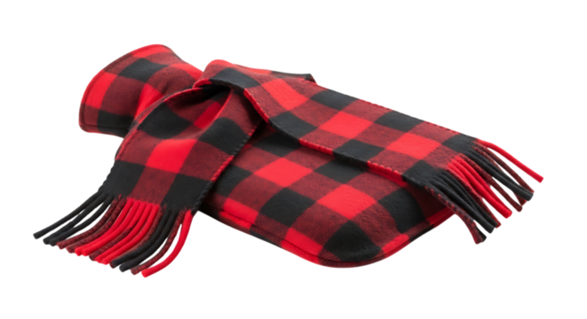 Cozy red and black buffalo plaid scarf with fringe isolated on transparent background