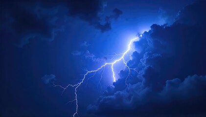 A dramatic, vibrant blue electrical discharge streaks across a dark night sky, illuminating the clouds with an ethereal glow Powerful energy, natural phenomenon, storm, electricity , flash, dramatic