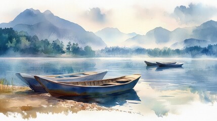 Fototapeta premium Serene tranquil lake scene with small wooden boats floating on calm water surrounded by misty mountains and lush green trees du early morning hours