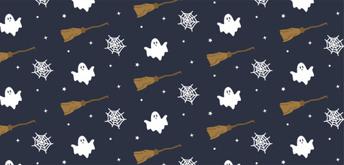 Halloween Pattern with Ghosts and Brooms