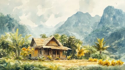 Fototapeta premium Scenic watercolor painting of a rustic wooden house surrounded by lush green tropical vegetation with towe mountains in the background under a cloudy sky