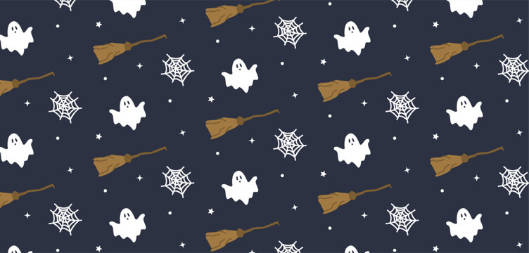 Halloween Pattern with Ghosts and Brooms