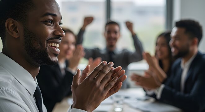 Joyful diverse professionals clapping hands in appreciation during a business meeting