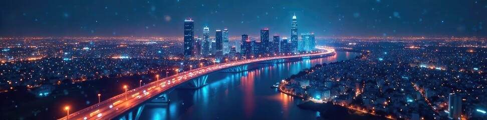 Naklejka premium A futuristic cityscape at night, illuminated by interconnected nodes of light representing advanced digital connectivity and innovative infrastructure , lines, lights