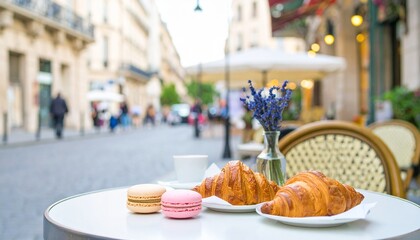 Fototapeta premium Fresh croissants and colorful macarons on a café table with blurred street view background, elegant French pastry scene, cozy urban bakery lifestyle photography