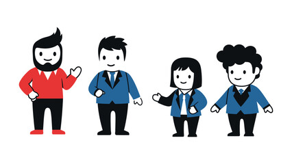 Team of Illustrated Characters in Business Attire: A diverse ensemble of illustrated characters, each representing a different style of business professional, engaged in a friendly interaction.