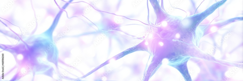 Poster complex network of neurons showing synaptic connections and electrical signals in a vibrant, abstrac