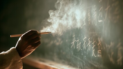 Hand holding chalk writing Chinese characters on a dusty blackboard with smoke image