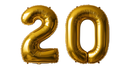 Shiny golden number twenty balloon celebration anniversary birthday isolated on transparent background