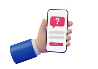 Hand holding smartphone with question mark app isolated on transparent background