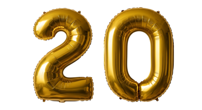 Shiny golden number twenty balloon celebration anniversary birthday isolated on transparent background - Powered by Adobe