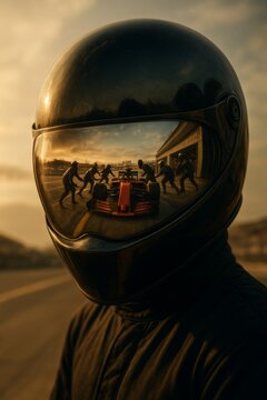 Close-up of Formula 1 pit crew helmet with dramatic visor reflection of race car entering pit lane, cinematic motorsport scene with high detail and dynamic atmosphere