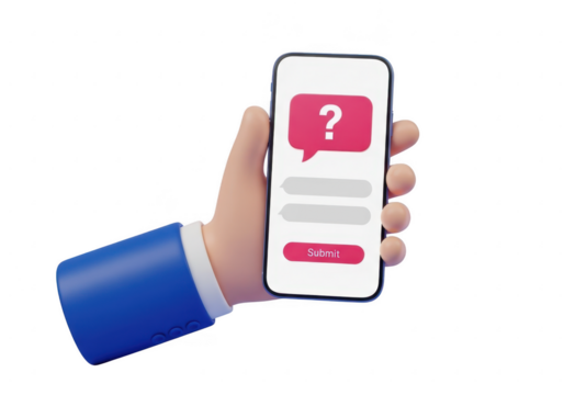Hand holding smartphone with question mark app isolated on transparent background