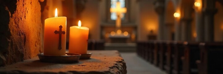 Close-up of flickering candlelight in a church, illuminating intricate details of a stone altar and ornate cross Warm, golden light creates a peaceful, spiritual ambiance , flame, intricate, faith