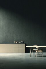 Minimalist Kitchen Interior with Wooden Table and Chairs Against Dark Textured Wall in Modern Home