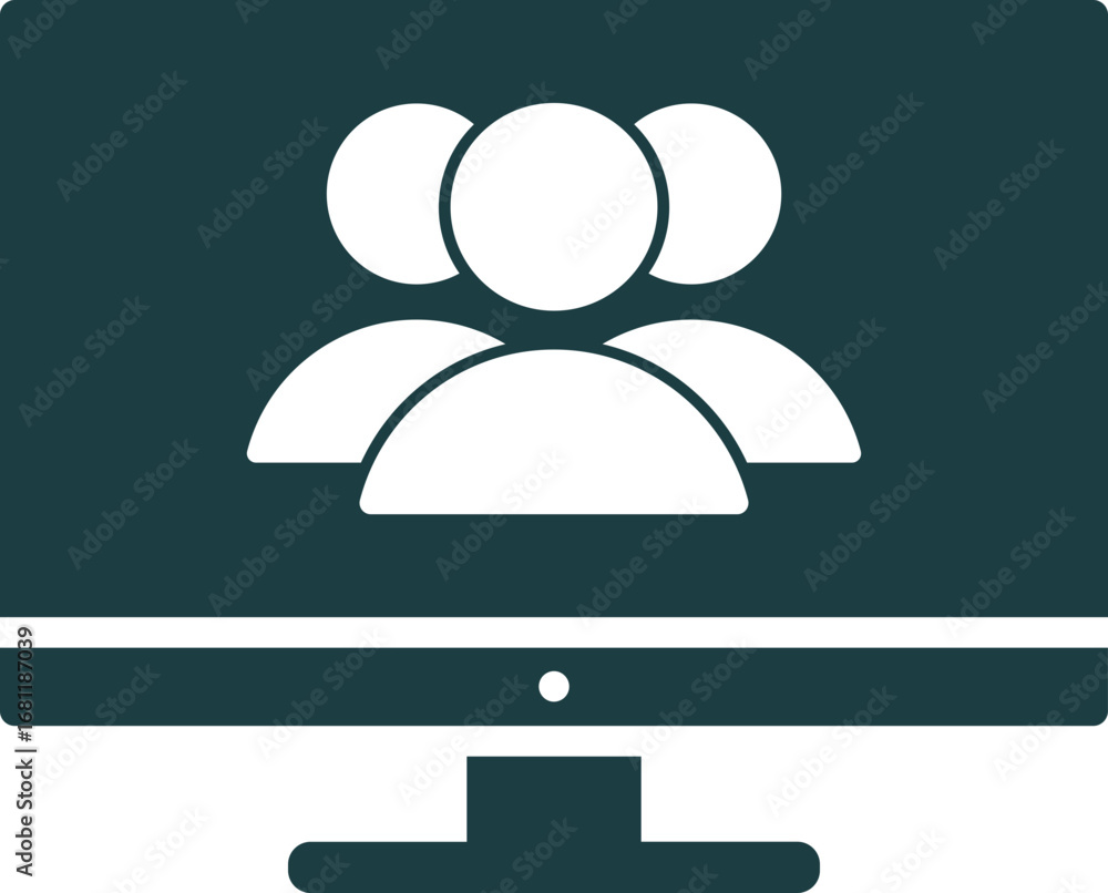 Poster flat style user group on computer screen icon in green and white color.