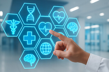 a doctor's hand touching a futuristic holographic interface with various medical icons like a heart, brain, and caduceus symbol for modern medicine