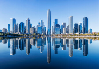 Fototapeta premium Urban Skyline Reflecting In Water
