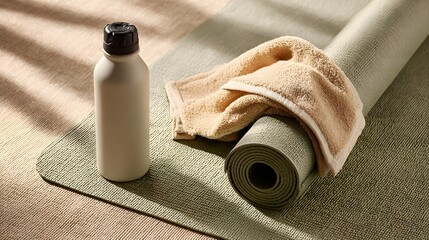 Light beige towel draped over a rolled green yoga mat next to a white water bottle on a textured surface with striped shadows