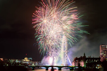 Colorful fireworks exploding over a city waterfront at night, celebration and festival concept