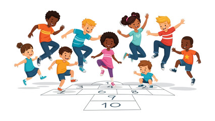 Joyful Hopscotch: Energetic kids engage in a delightful game of hopscotch on a sunny day, radiating pure joy.
