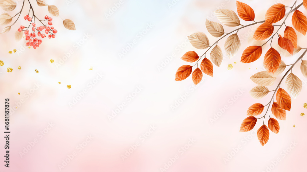 Aufkleber autumn leaves and red berries on branches with soft pink and white background create warm and gentle