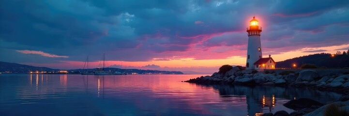 A majestic marina lighthouse stands tall, its beacon shining brightly against the twilight sky, reflecting on the calm water The scene evokes a sense of peace and safe harbor , grand, scenery