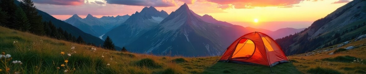 A majestic mountain range frames a cozy tent pitched in a lush alpine meadow at sunset The scene is peaceful and idyllic, perfect for camping adventures , sunset, summit, rocks