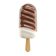 Obraz premium Chocolate and white ice cream popsicle. Melted chocolate swirls over half, against white ice cream. Wooden stick