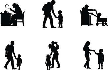 Silhouettes of parents with children in daily routines—cooking, walking, hugging, caregiving and bonding in everyday family life