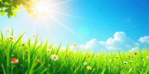 A vibrant summer scene featuring lush green grass, bright sun, and a clear blue sky  Perfect for summer vacation, travel, or holiday themes ,  stunning,  landscape