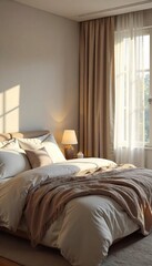 Serene bedroom, soft natural light streams through sheer curtains onto a plush bed with fluffy pillows and a cozy throw blanket Perfect for relaxation and peaceful sleep , bedding, relaxation