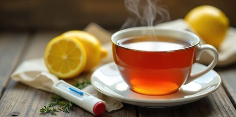 Close-up of a steaming cup of herbal tea with lemon and honey, surrounded by tissues and a thermometer, suggesting natural flu remedies , care, treatment