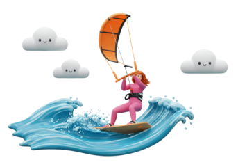 Isolated woman kite surfing, riding waves with wind power, cute clouds, adventure in the sea