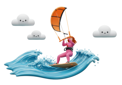 Isolated woman kite surfing, riding waves with wind power, cute clouds, adventure in the sea