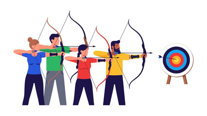 Targeting Excellence: A diverse group of archers, bows drawn, eyes locked on the target in a vibrant display of precision and teamwork. Capturing the essence of focus and coordinated effort.