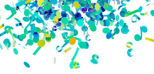 Bright teal, blue, and yellow confetti falling on white background. Perfect for party, celebration, and festive designs.