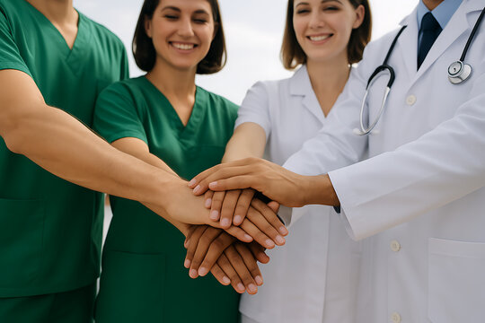 a group of diverse medical professionals including doctors and nurses joining their hands in a central huddle showing unity and collaboration in healthcare